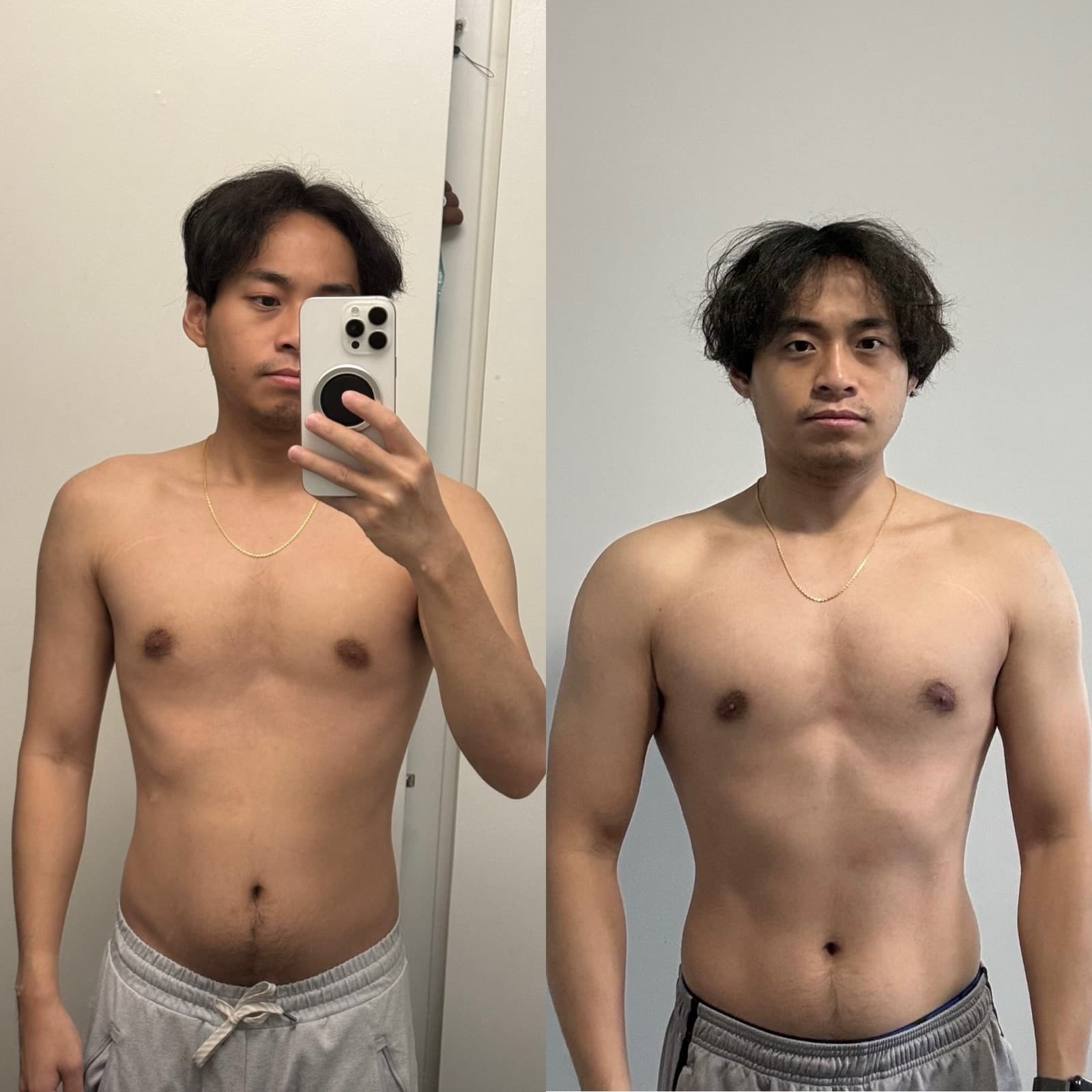 Client transformation, front view — leaner and more muscular physique after training with Phil